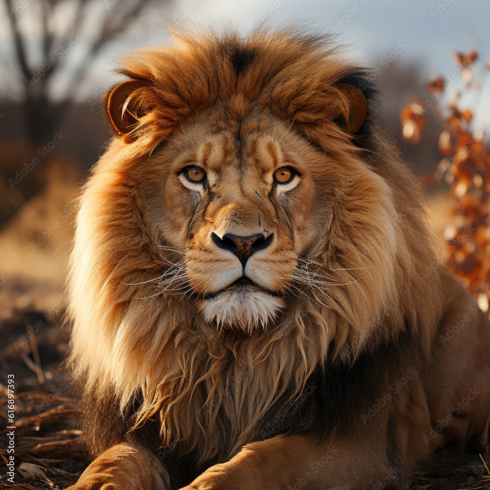 A majestic lion (Panthera leo) roaming the grassland with a commanding presence. Taken with a professional camera and lens.