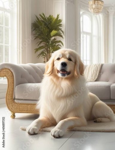 golden retriever sitting on sofa Generative AI