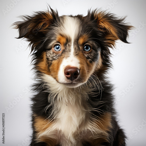 An alert Border Collie puppy (Canis lupus familiaris) with a blue merle coat, displaying its sharp focus and intelligence. © blueringmedia