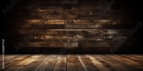 Brown wood table on dark background, product display copy space, AI Generated