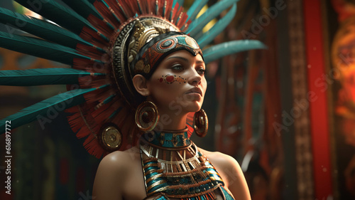 Ilustración mujer azteca, prehispanica. colorida photo
