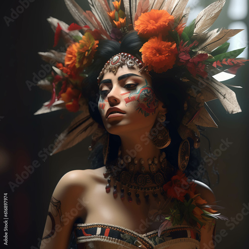 Ilustración mujer azteca, prehispanica. colorida photo