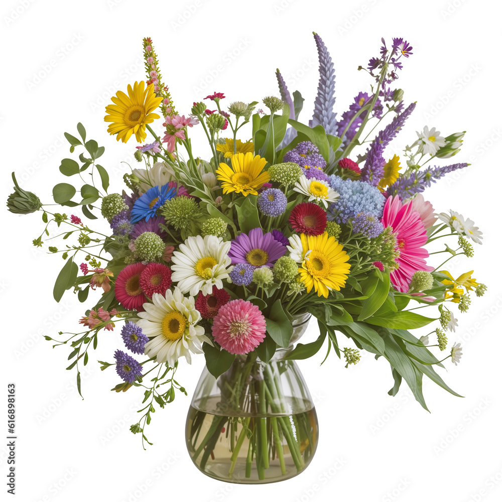 Bouquet of wildflowers in a vase. Generative AI. transparent PNG