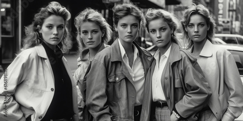 group of fashionable girls models in stylish clothes and hairstyles in retro style of 1980s on city street. Vintage fashion. Generative AI