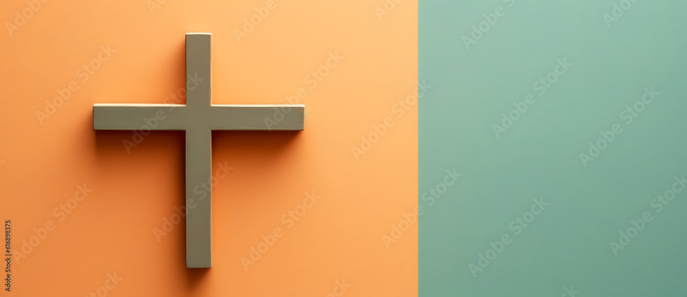 a cross against a wall that is orange and green Generated by AI
