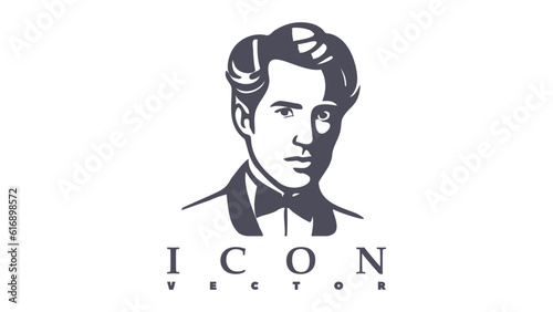 Vector black and white monochrome portrait of a man on a light isolated background. Icon or sticker. Head of a pensive gentleman.