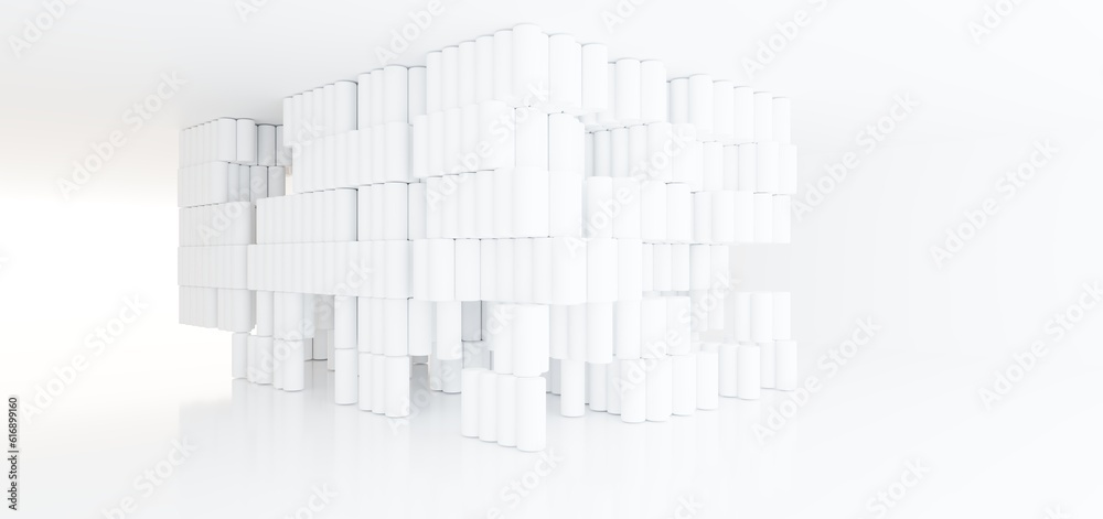 Luxury white abstract architectural minimalistic background. Contemporary showroom. Modern exhibition stand. Empty gallery. Backlight. Polygonal Graphic Design. 3D illustration and rendering.