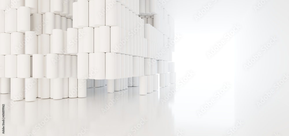 Luxury white abstract architectural minimalistic background. Contemporary showroom. Modern exhibition stand. Empty gallery. Backlight. Polygonal Graphic Design. 3D illustration and rendering.