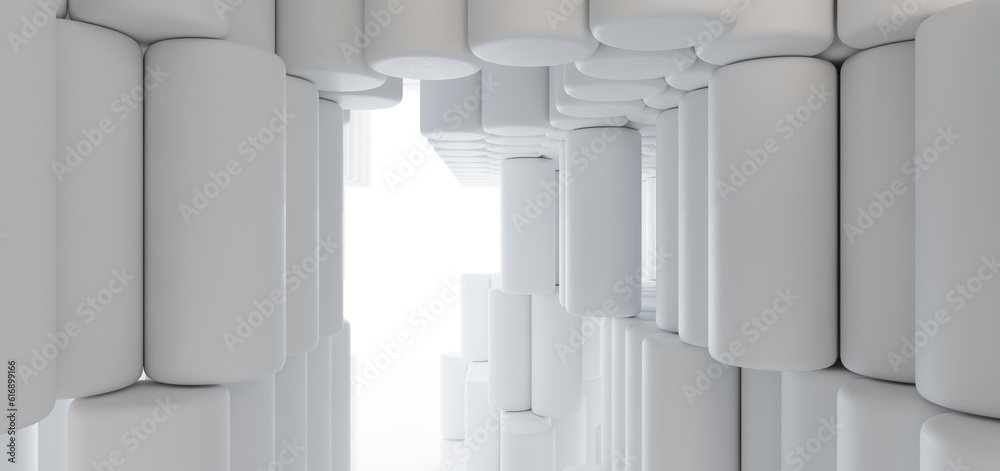 Luxury white abstract architectural minimalistic background. Contemporary showroom. Modern exhibition stand. Empty gallery. Backlight. Polygonal Graphic Design. 3D illustration and rendering.