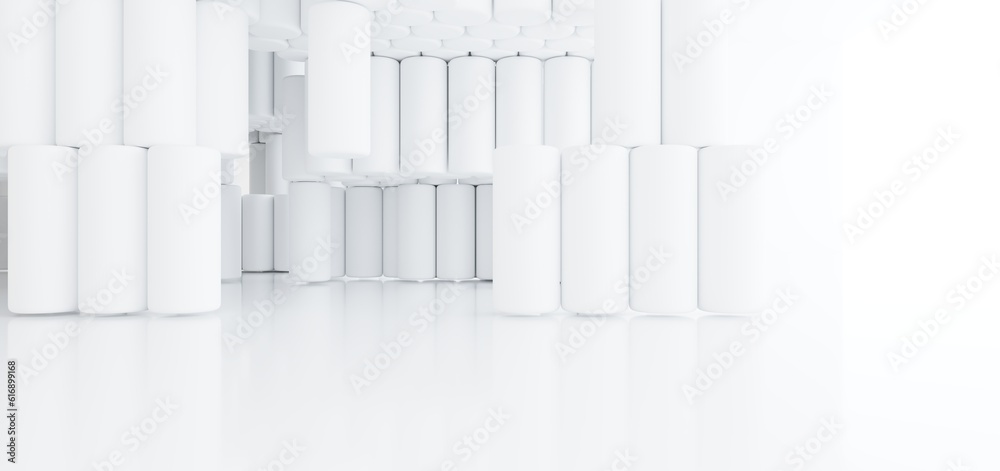 Luxury white abstract architectural minimalistic background. Contemporary showroom. Modern exhibition stand. Empty gallery. Backlight. Polygonal Graphic Design. 3D illustration and rendering.