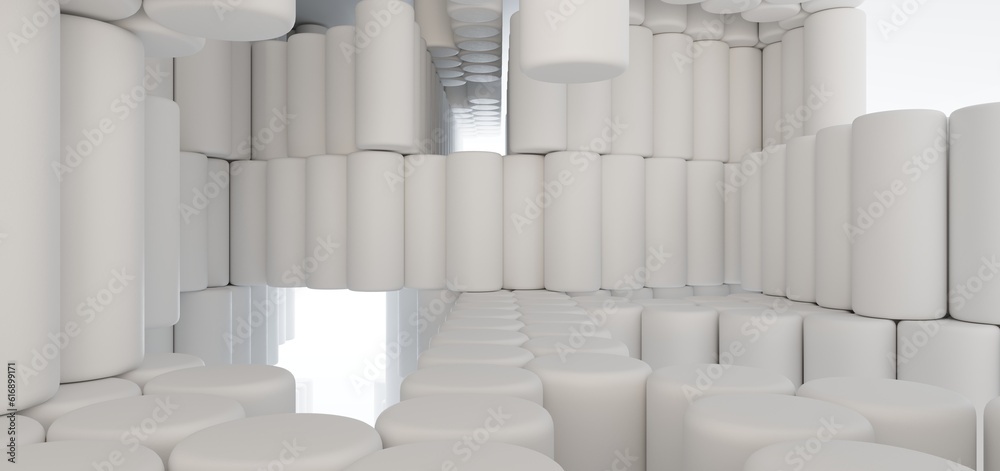Luxury white abstract architectural minimalistic background. Contemporary showroom. Modern exhibition stand. Empty gallery. Backlight. Polygonal Graphic Design. 3D illustration and rendering.
