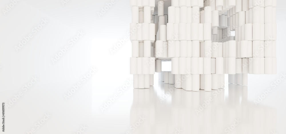 Luxury white abstract architectural minimalistic background. Contemporary showroom. Modern exhibition stand. Empty gallery. Backlight. Polygonal Graphic Design. 3D illustration and rendering.