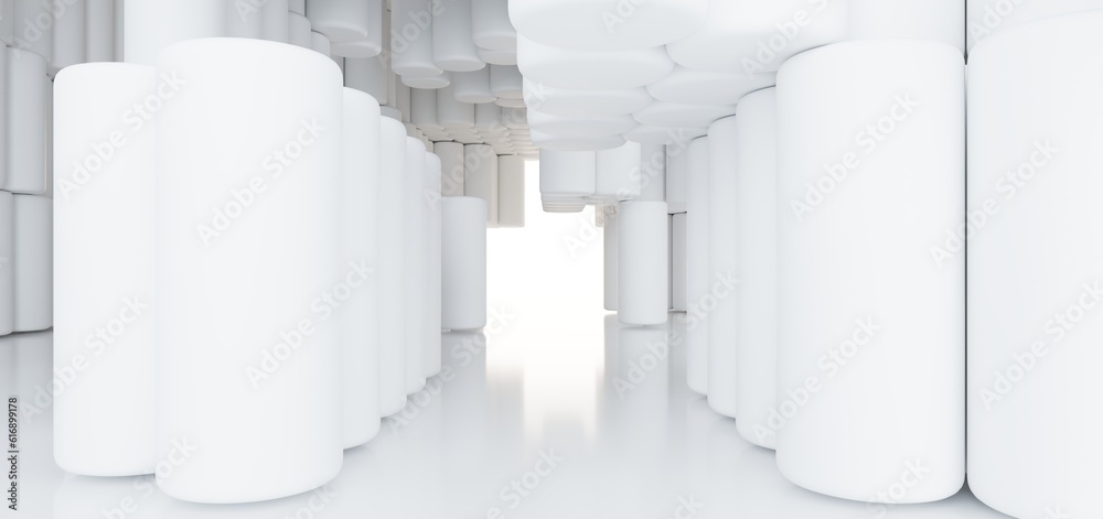 Luxury white abstract architectural minimalistic background. Contemporary showroom. Modern exhibition stand. Empty gallery. Backlight. Polygonal Graphic Design. 3D illustration and rendering.