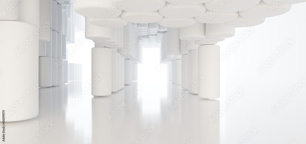 Luxury white abstract architectural minimalistic background. Contemporary showroom. Modern exhibition stand. Empty gallery. Backlight. Polygonal Graphic Design. 3D illustration and rendering.
