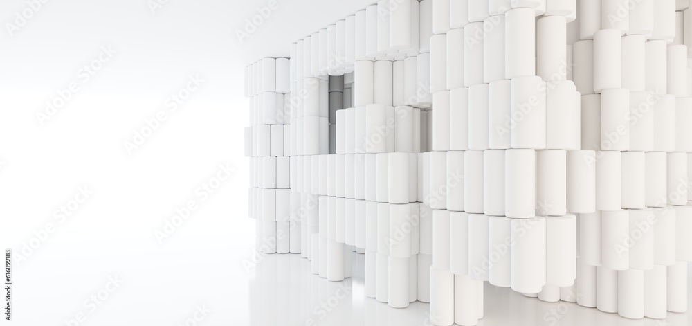 Luxury white abstract architectural minimalistic background. Contemporary showroom. Modern exhibition stand. Empty gallery. Backlight. Polygonal Graphic Design. 3D illustration and rendering.