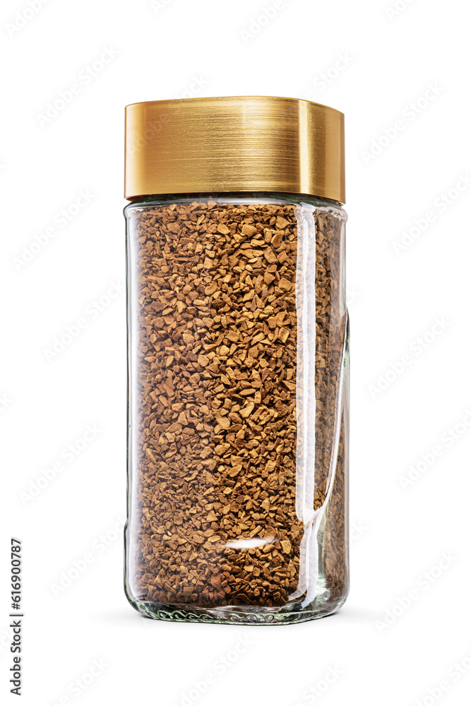 Instant coffee jar with golden lid isolated. Transparent PNG image. Instant coffee jar with golden lid isolated. Transparent PNG image.