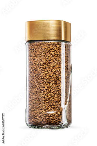 Instant coffee jar with golden lid isolated. Transparent PNG image.