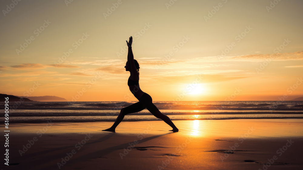 WOman doing yoga on beach in the evening with sunset