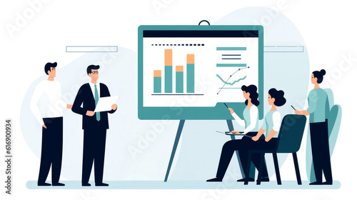 Illustration of business group giving presentation in team meeting