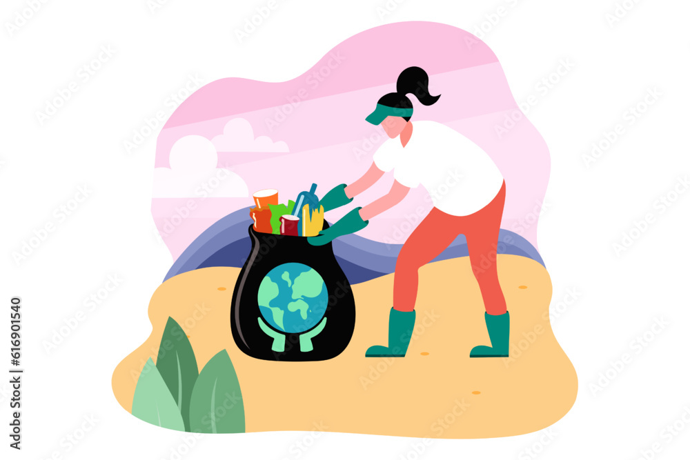 People clean garbage on beach. Characters cleaning toxic waste. Female in protective clothes and gloves holding bag with trash, helping to clean environment. Flat vector illustration People clean garbage on beach. Characters cleaning toxic waste. Female in protective clothes and gloves holding bag with trash, helping to clean environment. Flat vector illustration