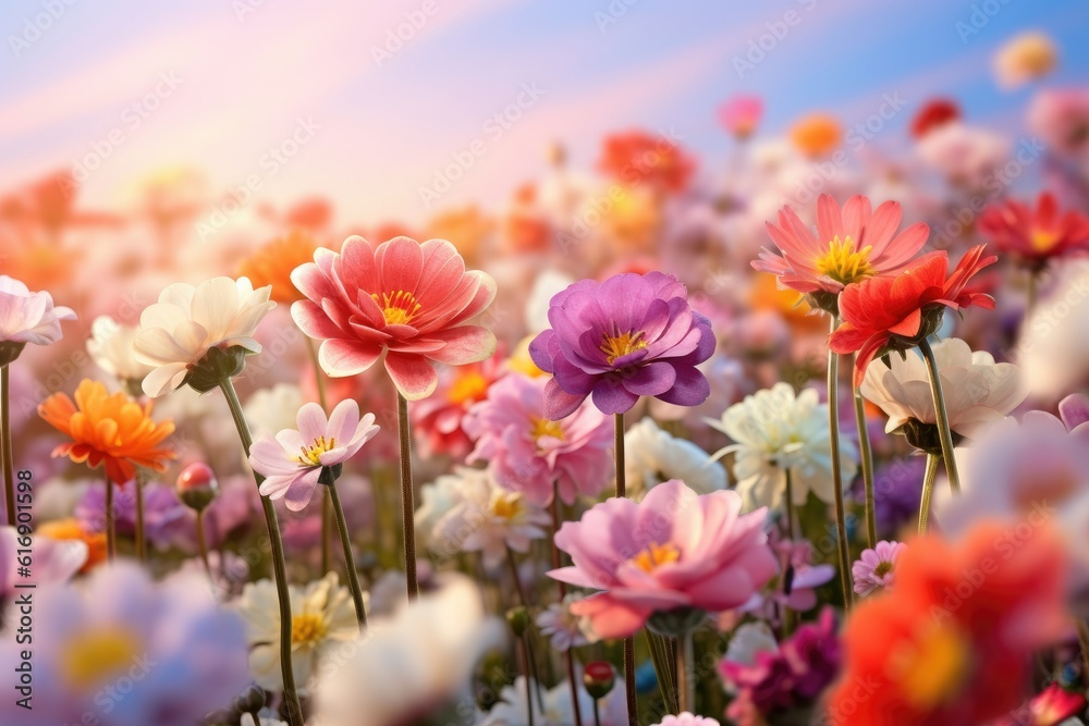 A serene nature landscape with colorful flowers in full bloom Generative AI