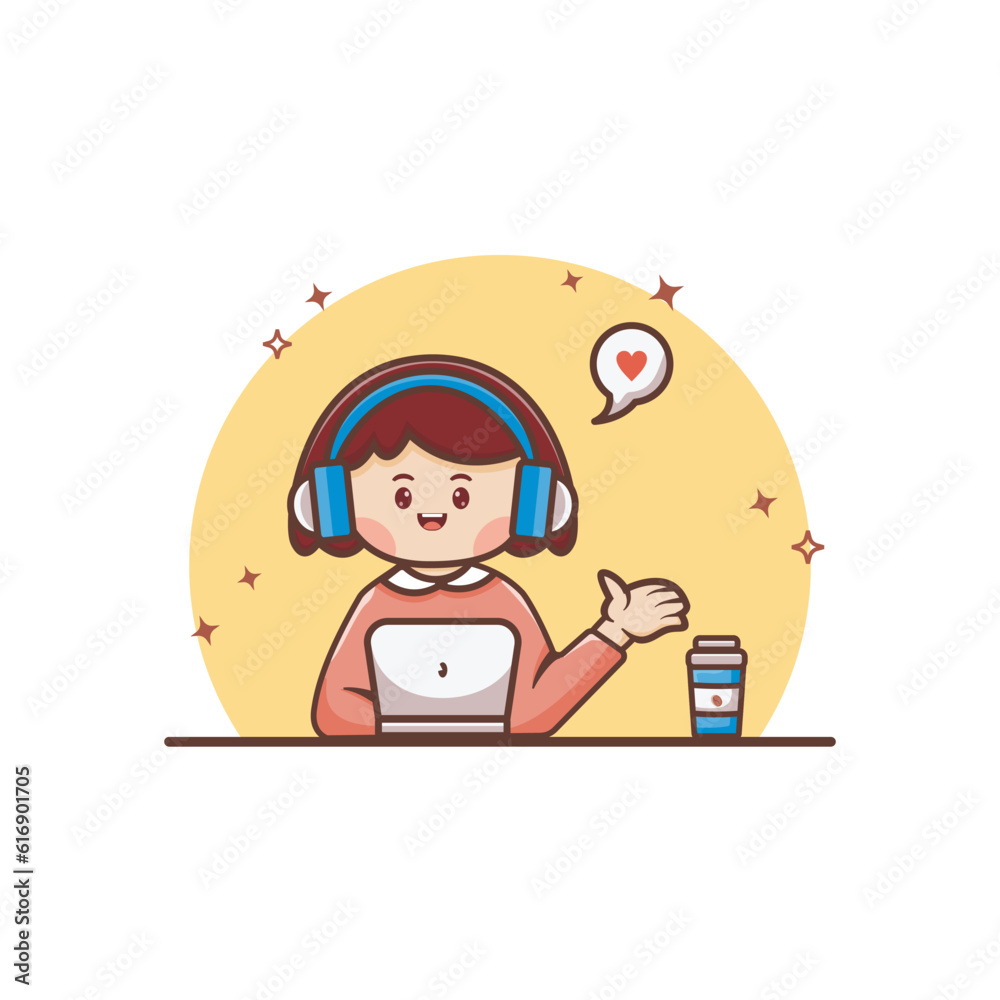 Fototapeta premium Freelancer woman character is in front of laptop, listening to music and drinking cup of coffee, happy expression. Vector illustration of work or business concept. Designed in cute flat cartoon style