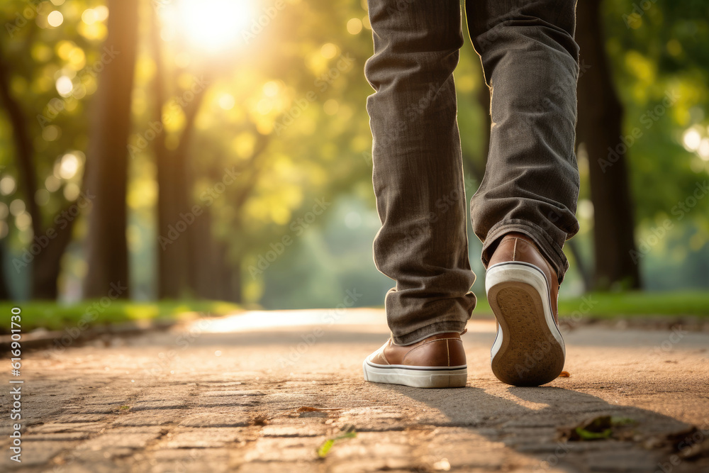 Back view of a man walking in summer park, Generative AI Back view of a man walking in summer park, Generative AI