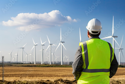 Back view of an engineer looking at wind turbines in the field, Generative AI