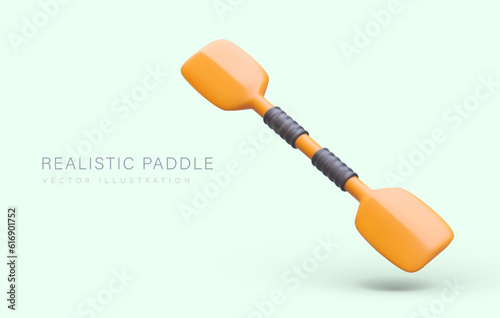 Realistic oar with two blades. Modern tourist equipment for kayaking. Paddle with convenient attachments for palms. Horizontal poster with space for text. Concept for travel sites