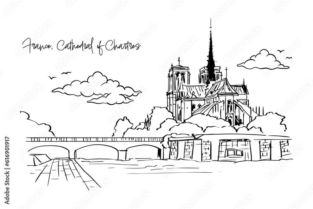France, Cathedral of Chartres with hand drawing concept, print, doodle, vector illustration (Vector)