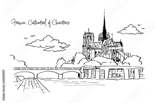 France, Cathedral of Chartres with hand drawing concept, print, doodle, vector illustration (Vector)