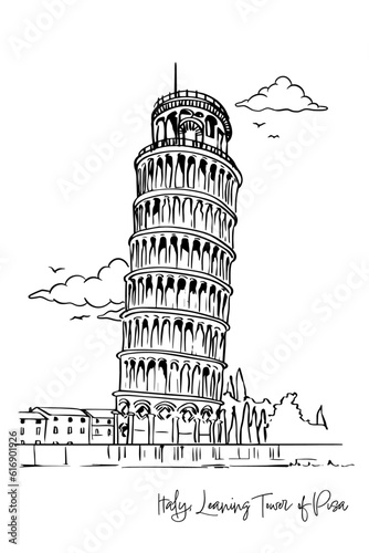 Italy, Leaning Tower of Pisa with hand drawing concept, print, doodle, vector illustration (Vector)