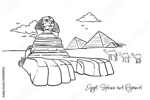 Egypt, Sphinx and Pyramid with hand drawing concept, print, doodle, vector illustration (Vector)