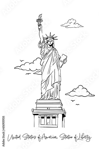 United States of America, Statue of Liberty with hand drawing concept, print, doodle, vector illustration (Vector)