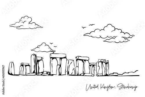 United Kingdom, Stonehenge with hand drawing concept, print, doodle, vector illustration (Vector)