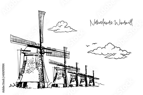 Netherlands, Windmill with hand drawing concept, print, doodle, vector illustration (Vector)