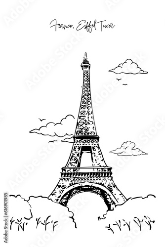 Fototapeta Naklejka Na Ścianę i Meble -  France, Eiffel Tower with hand drawing concept, print, doodle, vector illustration (Vector)