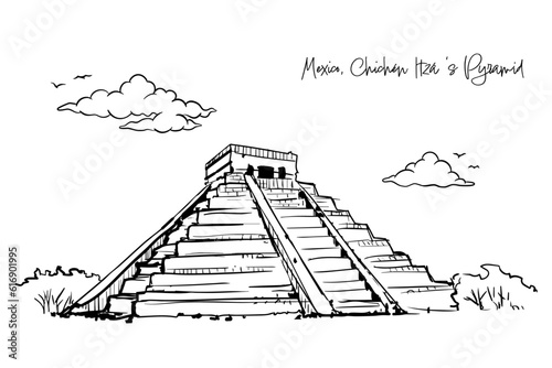 Mexico, Chichén Itzá ‘s Pyramid with hand drawing concept, print, doodle, vector illustration (Vector) photo