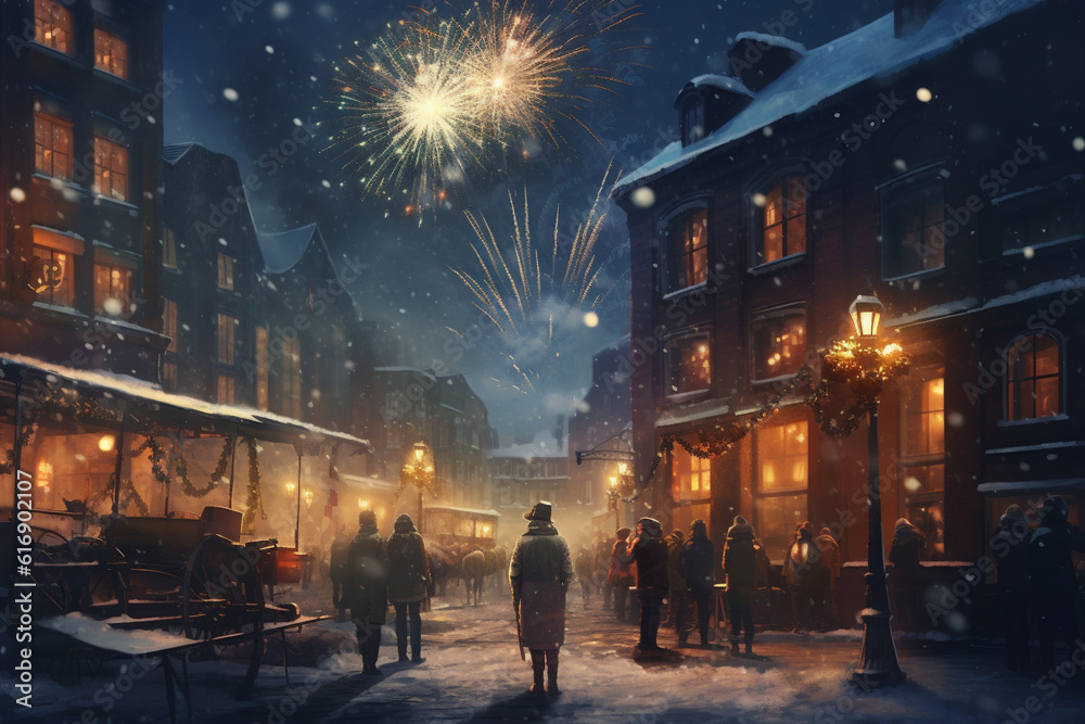 Beautiful New Year illustration, snow landscape fireworks and falling snow. AI generated.