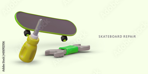 Skateboard repair shop. Restoration of penny boards. Setting up longboards. Services and advice of master. Bright horizontal poster with 3D board, screwdriver, wrench