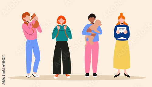 Group of multinational faceless volunteers helping pets. Cartoon characters from volunteering organization. Humanitarian aid and donations. Vector illustration