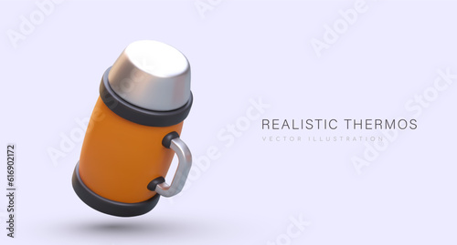 Realistic orange thermos with metal lid. Utensils for keeping temperature of drink. Thermo mug for adults and children. Color advertising of tableware store