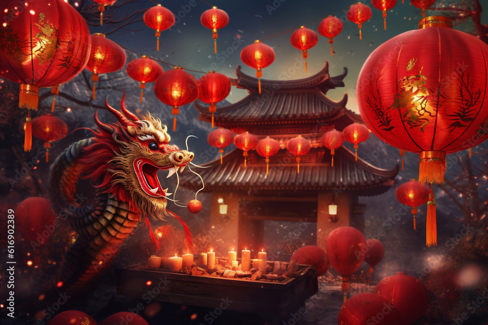 Celebration Chinese new year in china town. Dragon and paper red lanterns. AI generated.