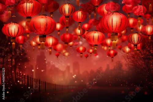 Celebration Chinese new year in china town. Dragon and paper red lanterns. AI generated.