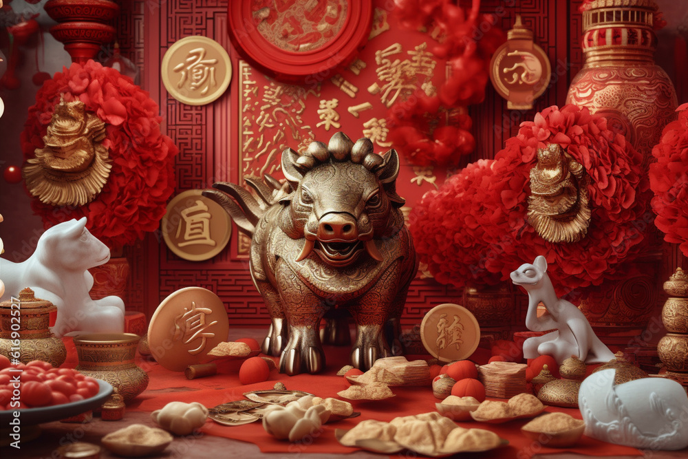 Celebration Chinese new year in china town. Dragon and paper red lanterns. AI generated. Celebration Chinese new year in china town. Dragon and paper red lanterns. AI generated.