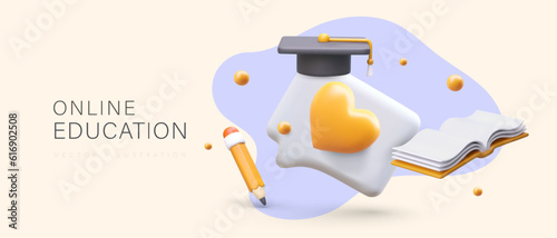 Advantages of online learning. Favorite subjects, good teachers. Positive teaching style. 3D icon with heart, pencil, book, graduate cap. Color poster, advertisement of distance education services