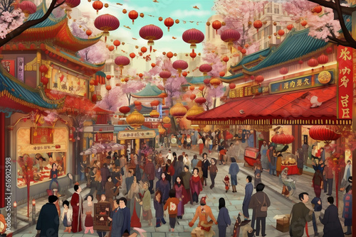 Celebration Chinese new year in china town. Dragon and paper red lanterns. AI generated. © xartproduction