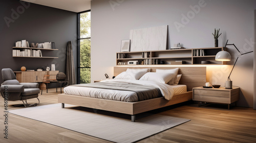Modern minimalistic style bedroom. Generative AI © piai