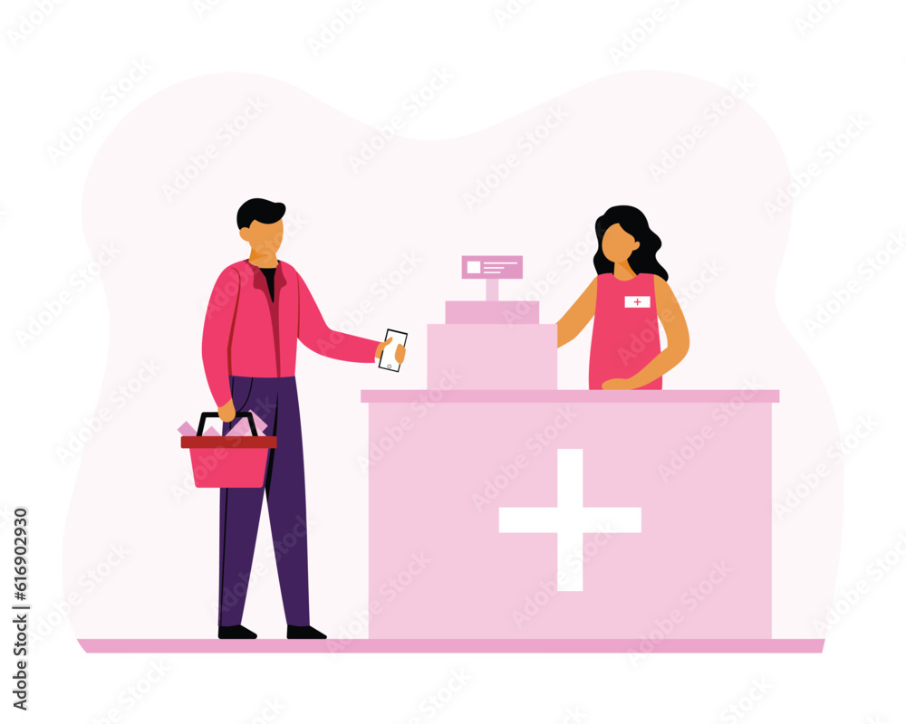 Cartoon guy pays contactless with smartphone for purchases at pharmacy at cash register. Modern secure banking services. Process of buying goods and paying using smartphones. Vector