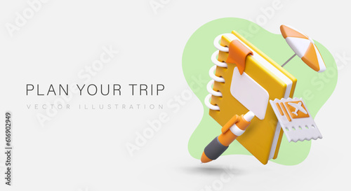 Vacation planning. Booking tickets for passengers and luggage. Hotel reservation. Making list of necessary things. Advice from experienced travel operators. Advertising banner in cartoon style